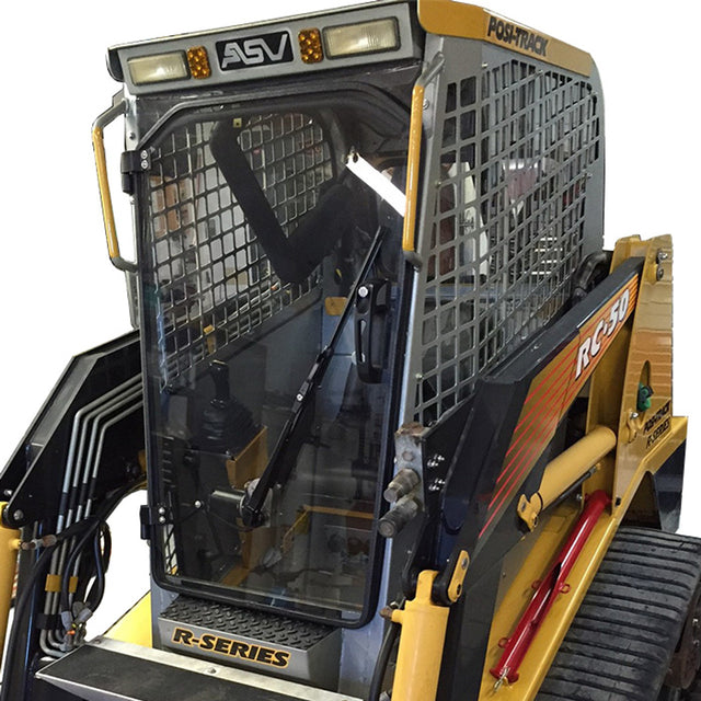 ASV/Terex Skid Steer Door | A polycarbonate front door and side windows for an ASV/Terex skid steer, featuring a black and yellow color scheme with visible branding and model number.