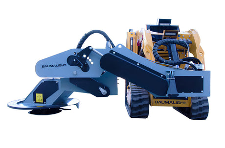 Baumalight BMM230 Guardrail & Barrier Mower for Mini Skid Steer | Blue construction tool with 'Baumaucht' branding on a white background
