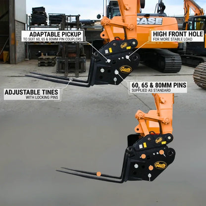 Geith excavator bucket attachment with labeled features in front of an excavator.