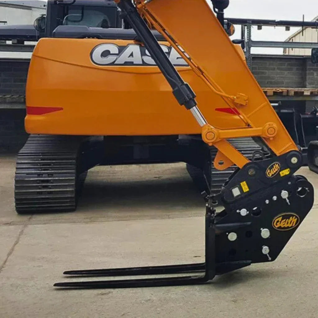 Close-up of a Case excavator with a Gath attachment on a concrete surface.