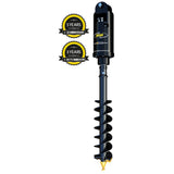 Digga 12DDS High Flow Auger Drive with a 2.5 inch hex shaft, showing the unit with a black body and yellow branding, accompanied by two warranty badges indicating a 3-year and a 5-year warranty.