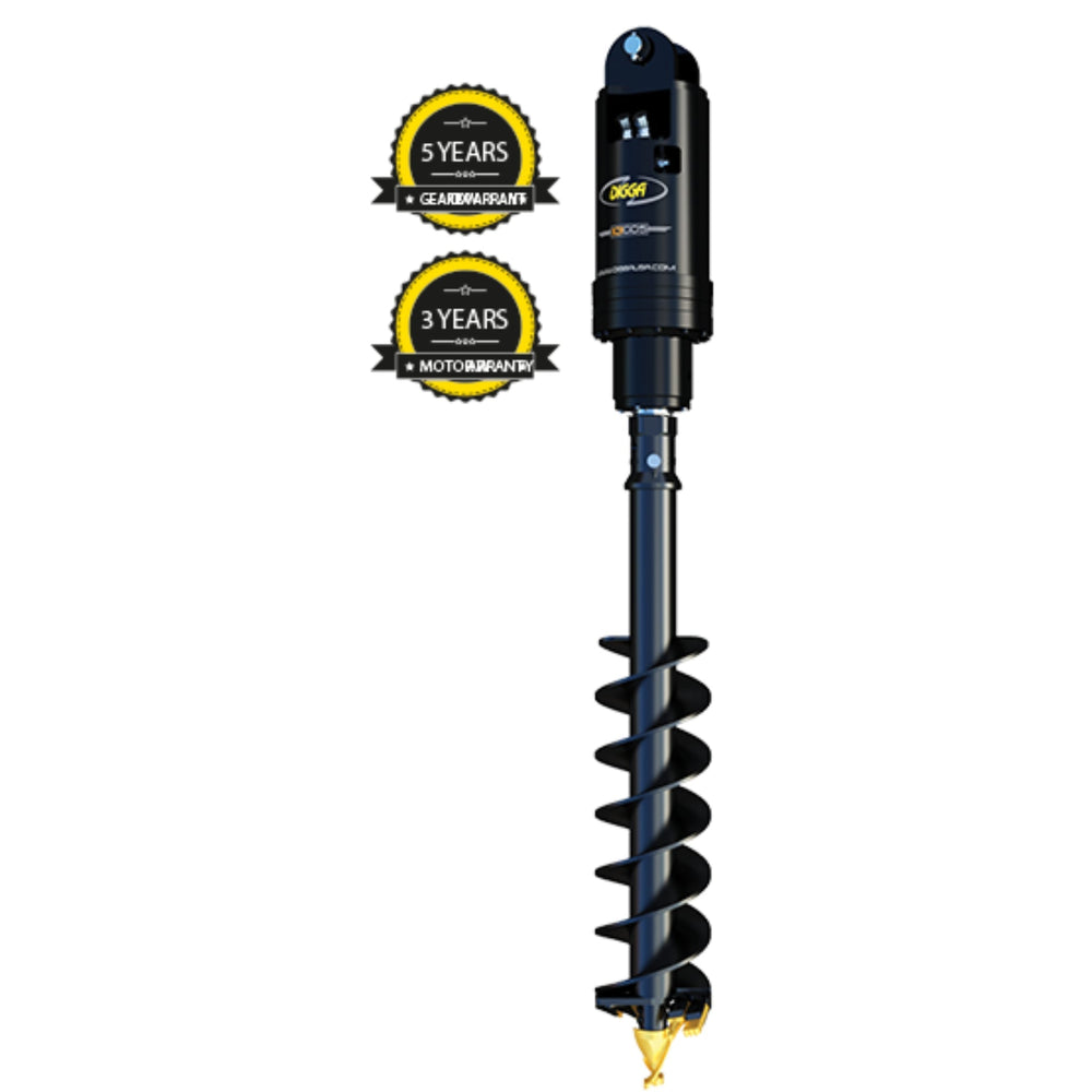 Digga 13DDS High Flow Auger Drive for Excavator featuring a 3-inch hex shaft, with a black body and yellow logo, accompanied by a 5-year gearbox and 3-year motor warranty stickers.