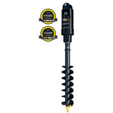 Digga 13DDS High Flow Auger Drive for Excavator featuring a 3-inch hex shaft, with a black body and yellow logo, accompanied by a 5-year gearbox and 3-year motor warranty stickers.