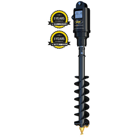Digga 13DDT 2 Speed High Flow Auger Drive for Excavator with a 3" HEX Shaft. The image shows the black auger drive unit with a digital display, a yellow badge indicating a 3-year warranty, and a blue badge indicating a 5-year warranty.