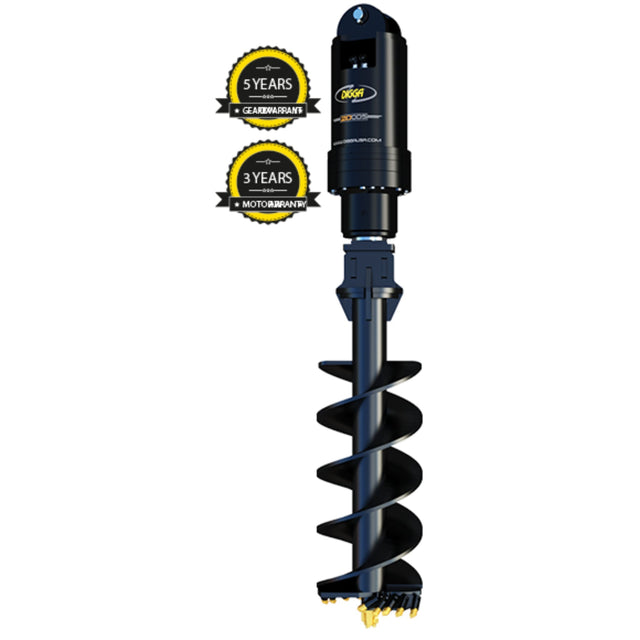 Digga 20DDS High Flow Auger Drive unit, black in color with visible branding and certification logos indicating 3 years of warranty and a 5-year gearbox warranty.