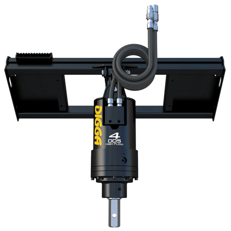 A black and yellow Digga 4DDS High Flow Auger Package with a mount, designed for use with construction vehicles like excavators and skid steers.
