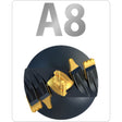 Digga A8 Earth Auger Bit, featuring a black and gold color scheme with a spiral design and hardened steel teeth, intended for heavy-duty drilling in soil conditions.