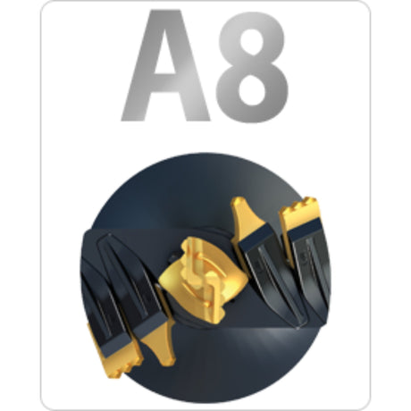 Digga A8 Earth Auger Bit, featuring a black and gold color scheme with a spiral design and hardened steel teeth, intended for heavy-duty drilling in soil conditions.
