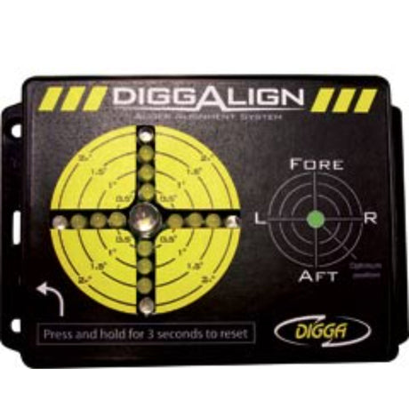Digga Diggalign Auger Inclinometer System, featuring a black and yellow calibration disc with alignment instructions, designed for use with construction vehicles.