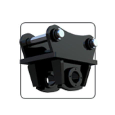 A black metal double pin mount for auger drives, designed for use with excavators.