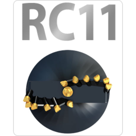 The image shows the Digga RC11 Heavy Duty Rock/Earth Combo Auger Bit, which has a black color with gold-colored tungsten carbide rock pick teeth and a metallic ultra-heavy-duty flighting.