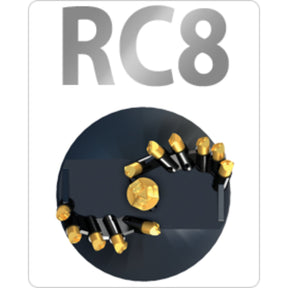 The image shows a circular auger bit with a black body and gold-colored teeth, labeled with 'RC8'.