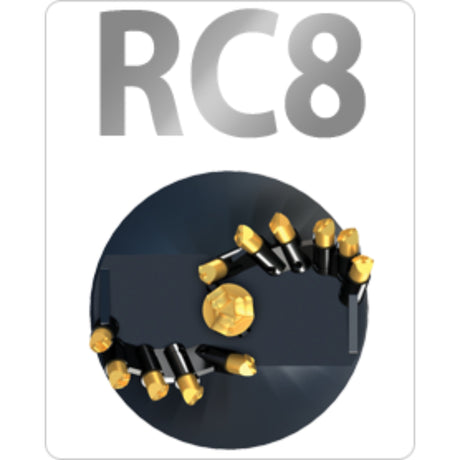 The image shows a circular auger bit with a black body and gold-colored teeth, labeled with 'RC8'.