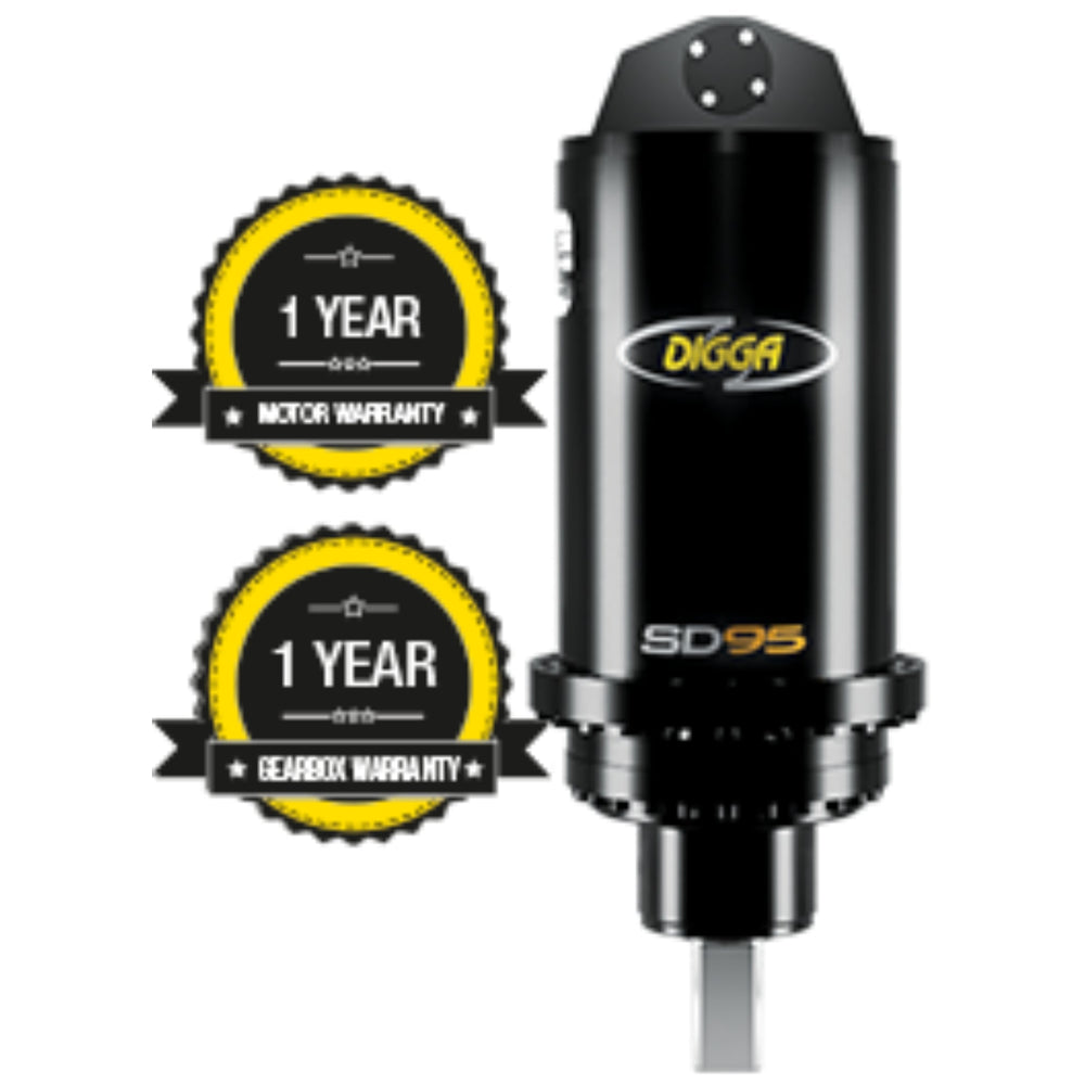 Digga SD70 2 Speed 'Supa' Anchor Auger Drive with energy control valve and pressure relief valve, indicating 1 year warranty and geabox warranty.