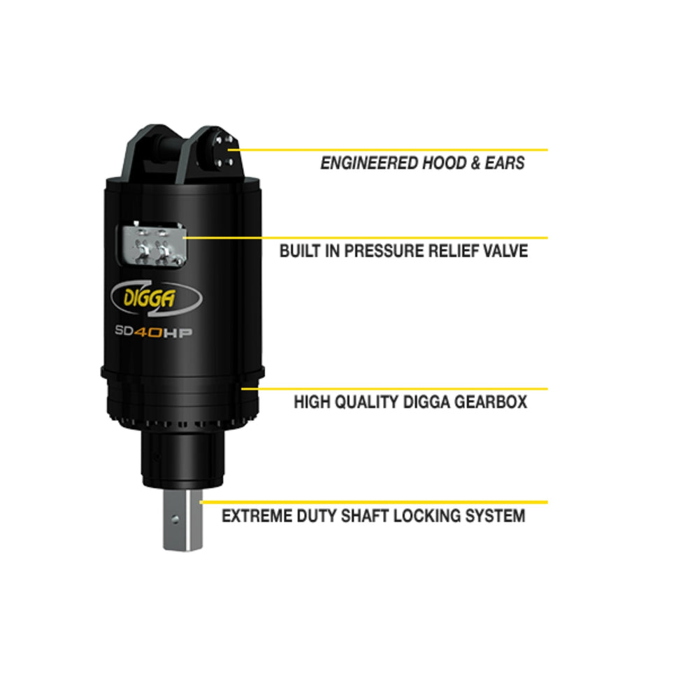 Digga SD70HPS High Powered 'Supa' Drilling Single Speed Auger Drive for Excavators, featuring a black cylindrical machine with a label detailing engineered hood and ears, high quality digga gearbox, and extreme duty shaft locking system.