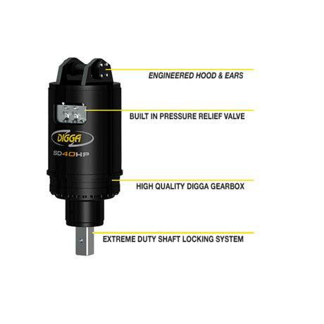 Digga SD70HPS High Powered 'Supa' Drilling Single Speed Auger Drive for Excavators, featuring a black cylindrical machine with a label detailing engineered hood and ears, high quality digga gearbox, and extreme duty shaft locking system.