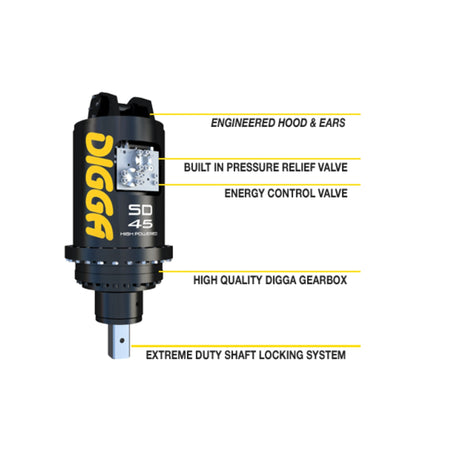 Digga SD95HPS-ECV high powered single speed auger drive with ECV, featuring a black and yellow color scheme with text highlights such as 'ENGINEERED HOOD & EARS', 'HIGH QUALITY DIGGA GEARBOX', and 'EXTREME DUTY SHAFT LOCKING SYSTEM'.