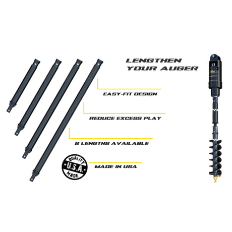 A set of black auger outer extensions with a label indicating the product is made in the USA, featuring an easy-fit design and reducing play for straighter holes.