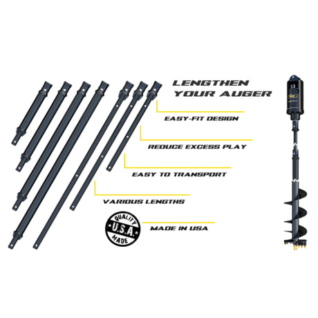 A series of black telescopic auger shaft extensions laid out with varying lengths, alongside a digga logo indicating 'Longen Your Auger' and 'Easy Fit Design'. The product is depicted alongside its features like 'Versatile Lengths' and 'Easy to Transfer'.