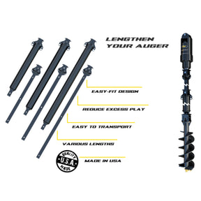 Telescopic auger shaft extensions in various lengths, with the longest being 10 feet, featuring an easy-fit design, reduction of play for precision, and transportability. Made in the USA.